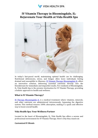 IV Vitamin Therapy in Bloomingdale, IL Rejuvenate Your Health at Vida Health Spa