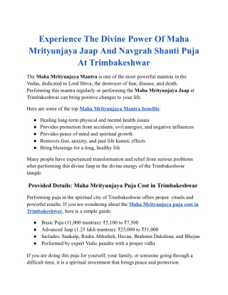 Experience the Divine Power of Maha Mrityunjaya Jaap And Navgrah Shanti Puja at Trimbakeshwar