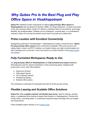 Why Qubex Pro Is the Best Plug and Play Office Space in Visakhapatnam