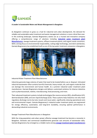 A Leader in Sustainable Water and Waste Management in Bangalore