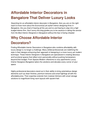 Affordable Interior Decorators in Bangalore