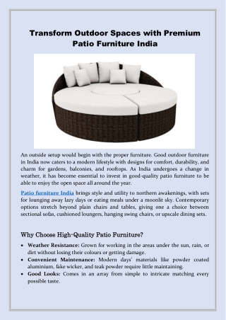 Transform Outdoor Spaces with Premium Patio Furniture India