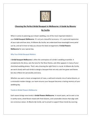 Choosing the Perfect Bridal Bouquet in Melbourne: A Guide by Blooms By Cecilia