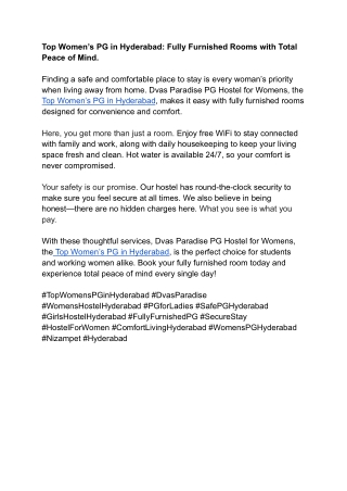 Top Women’s PG in Hyderabad_ Dvas Paradise Pg Hostel For Womens