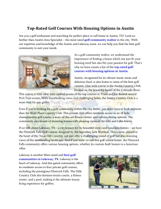 Top-Rated Golf Courses With Housing Options in Austin