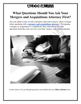 What Questions Should You Ask Your Mergers and Acquisitions Attorney First