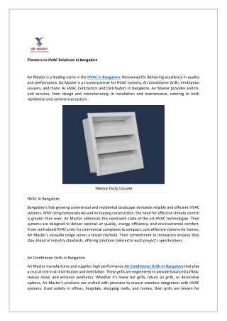 Pioneers in HVAC Solutions in Bangalore