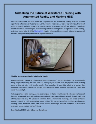 Unlocking the Future of Workforce Training with Augmented Reality and Maximo HSE