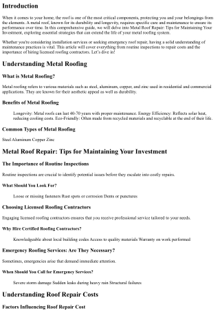 Metal Roof Repair: Tips for Maintaining Your Investment