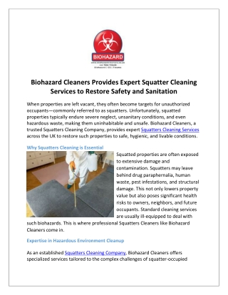 Biohazard Cleaners Provides Expert Squatter Cleaning Services to Restore Safety and Sanitation