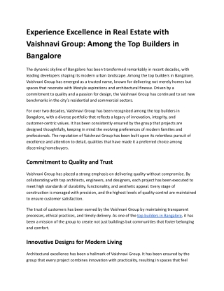 Experience Excellence in Real Estate with Vaishnavi Group Among the Top Builders in Bangalore