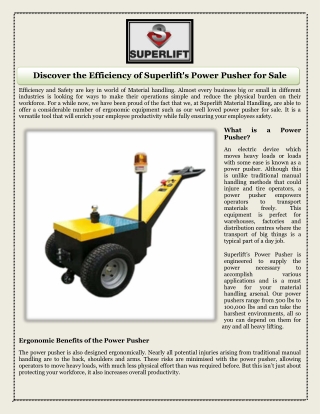 Discover the Efficiency of Superlift's Power Pusher for Sale
