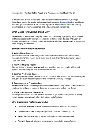 foneworlduk – Trusted Mobile Repair and Tech Accessories Hub in the UK