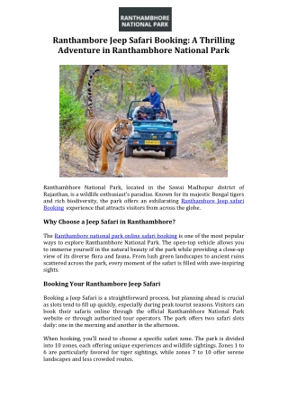 Ranthambore Jeep Safari Booking A Thrilling Adventure in Ranthambhore National Park