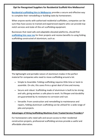 Opt for Recognised Suppliers for Residential Scaffold Hire Melbourne!