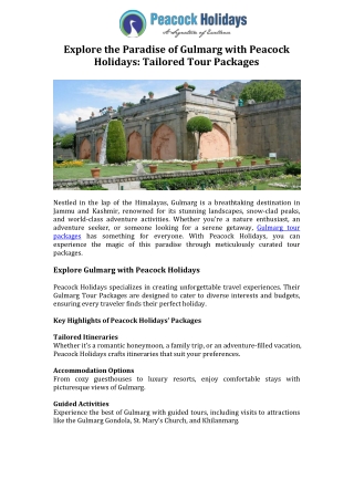 Explore the Paradise of Gulmarg with Peacock Holidays Tailored Tour Packages