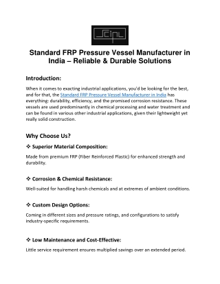 Standard FRP Pressure Vessel Manufacturer in India