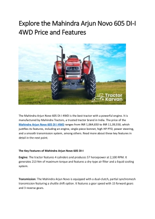 Explore the Mahindra Arjun Novo 605 DI-I 4WD price and features