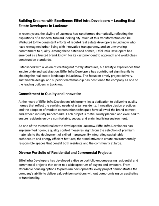 Building Dreams with Excellence Eiffel Infra Developers – Leading Real Estate Developers in Lucknow