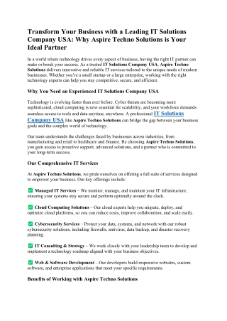 Transform Your Business with a Leading IT Solutions Company USA - Why Aspire Techno Solutions is Your Ideal Partner