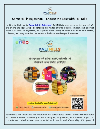 Saree Fall in Rajasthan – Choose the Best with Pali Mills