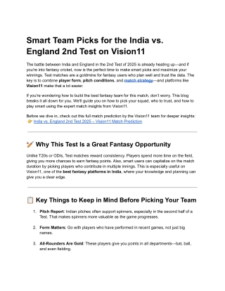 Smart Team Picks for the India vs. England 2nd Test on Vision11