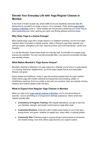 Elevate Your Everyday Life with Yoga Regular Classes in Mumbai