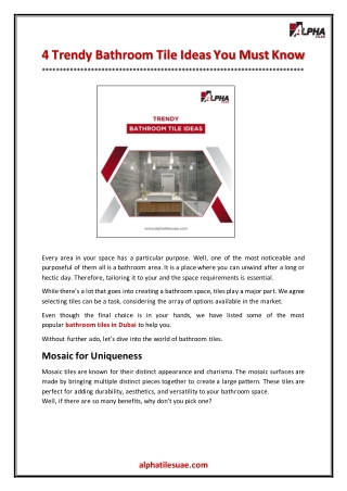 4 Trendy Bathroom Tile Ideas You Must Know