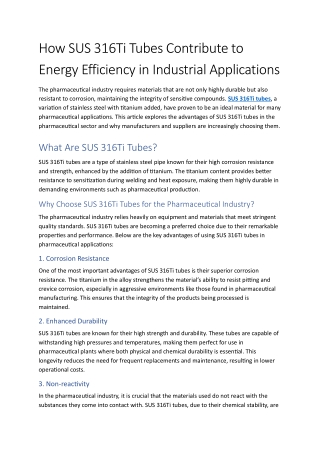 How SUS 316Ti Tubes Enhance Energy Efficiency in Industrial Applications