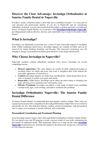 Discover the Clear Advantage Invisalign Orthodontics at Sunrise Family Dental in Naperville