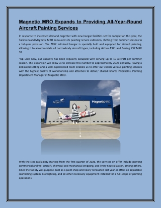 Magnetic MRO Expands to Providing All-Year-Round Aircraft Painting Services