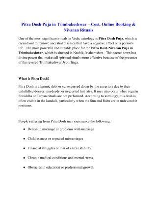 Pitra Dosh Puja in Trimbakeshwar – Cost, Online Booking & Nivaran Rituals