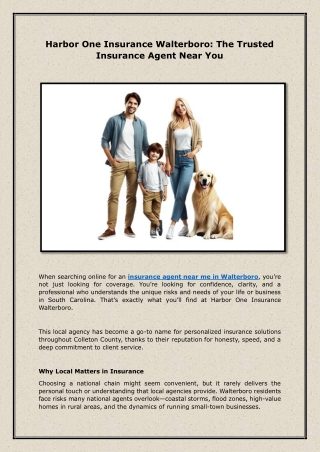Harbor One Insurance Walterboro: The Trusted Insurance Agent Near You