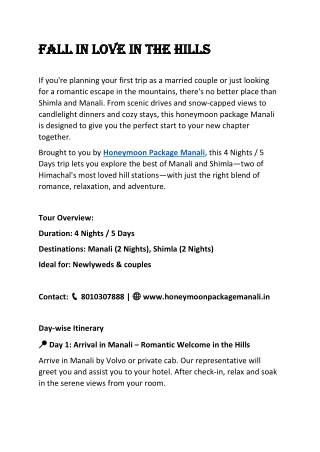 Fall in Love in the Hills pdf manali