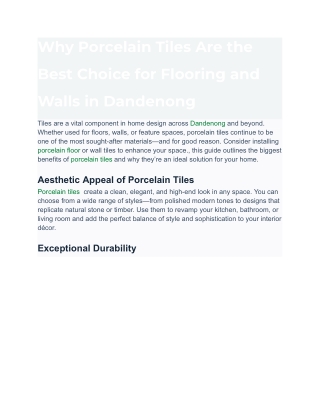 Why Porcelain Tiles Are the Best Choice for Flooring and Walls in Dandenong