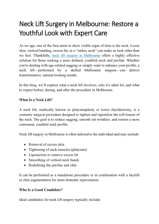 Neck Lift Surgery in Melbourne Restore a Youthful Look with Expert Care