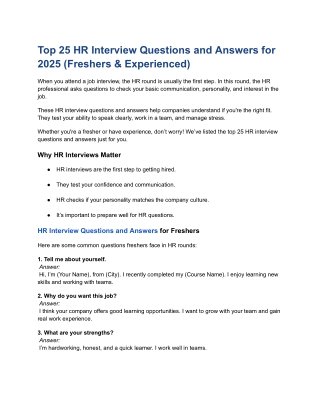 Top 25 HR Interview Questions and Answers for 2025 (Freshers & Experienced)