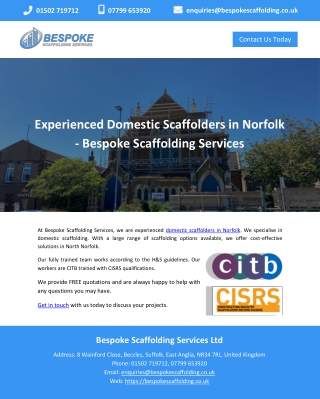 Experienced Domestic Scaffolders in Norfolk - Bespoke Scaffolding Services