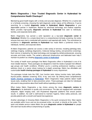 Matrix Diagnostics_ Your Trusted Diagnostic Center in Hyderabad for Comprehensive Health Checkups