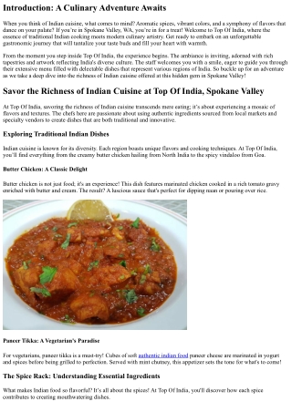 Savor the Richness of Indian Cuisine at Top Of India, Spokane Valley