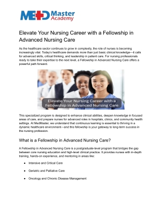 Elevate Your Nursing Career with a Fellowship in Advanced Nursing Care