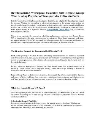 Revolutionizing Workspace Flexibility with Remote Group WA Leading Provider of Transportable Offices in Perth