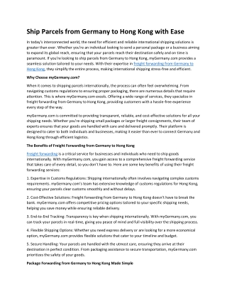 Ship Parcels from Germany to Hong Kong with Ease