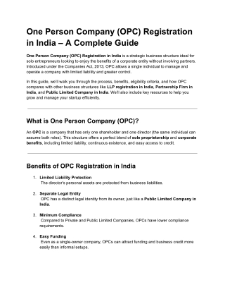 One Person Company (OPC) Registration in India – A Complete Guide