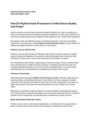 How Do Psyllium Husk Processors in India Ensure Quality and Purity?