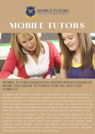 Mobile Tutors Edmonton Offers Personalized In-Home and Online Tutoring for All Ages and Subjects