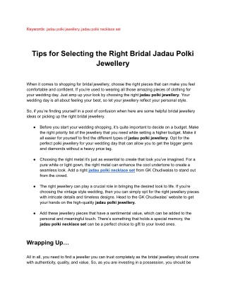 Tips for Selecting the Right Bridal Jadau Polki Jewellery