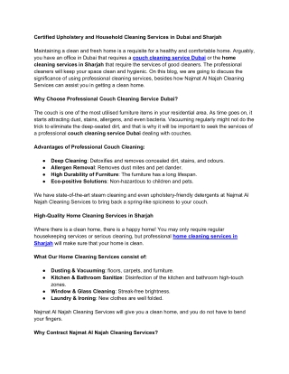 Certified Upholstery and Household Cleaning Services in Dubai and Sharjah