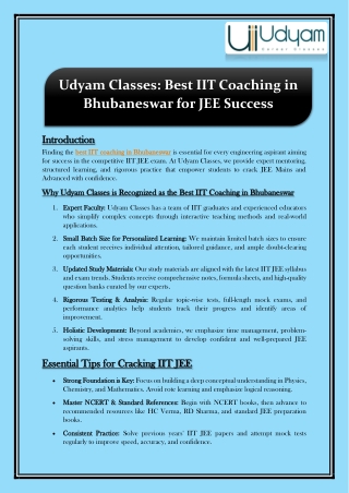 Udyam Classes - Best IIT Coaching in Bhubaneswar for JEE Success