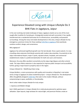 Experience Elevated Living with Unique Lifestyle Do 3 BHK Flats in Jagatpura